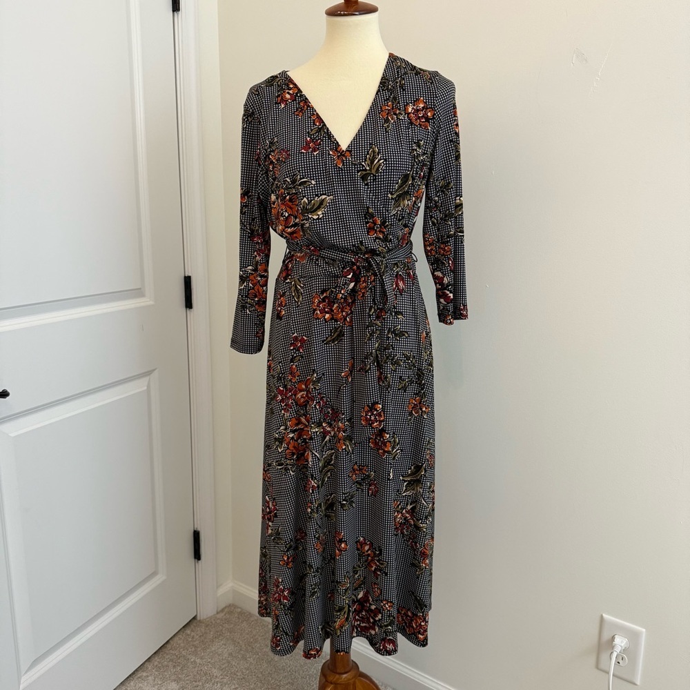 Ronni Nicole Women's Size 10‎ Midi V Neck Dress Houndstooth Floral Dark Academia